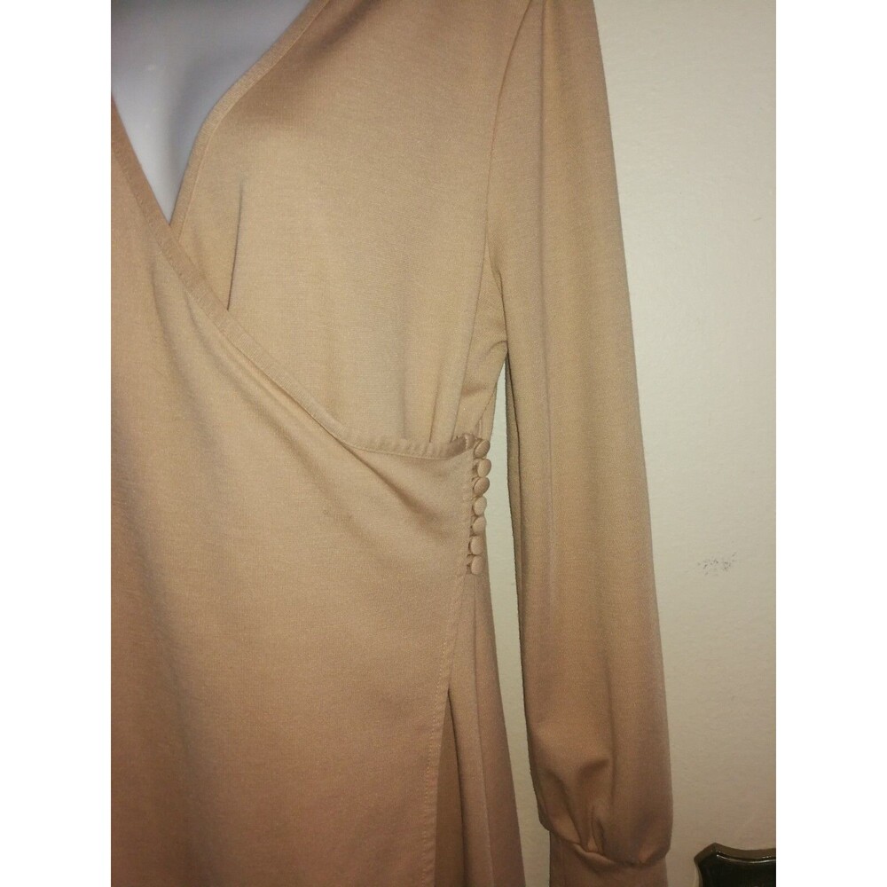 Women F.L.P. Faith Love Passion Rayon Beige Tan Side Button Faux Wrap Dress Sz M
